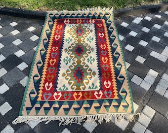 Kilim, Tapis fait main, Tapis en laine turque, 168 x 112 cm = 5,5 x 3,6 Ft, Tapis de zone tissé à plat, Boho Red Kilim, tapis vintage, Livraison gratuite