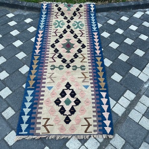 Handmade Turkish Runner, Kilim Rug, Rug Runner, Kitchen Rug 200 x 83 cm = 6.5 x 2.7 Ft, Blue Corridor Rug, Vintage Runner Rug, Free Shipping