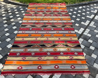 Grand tapis Kilim, tapis design rayé fait à la main, tapis en laine turque, Kilim vintage, tapis couleurs orange, 304 x 160 cm = 9,9 x 5,2 pieds tapis oriental