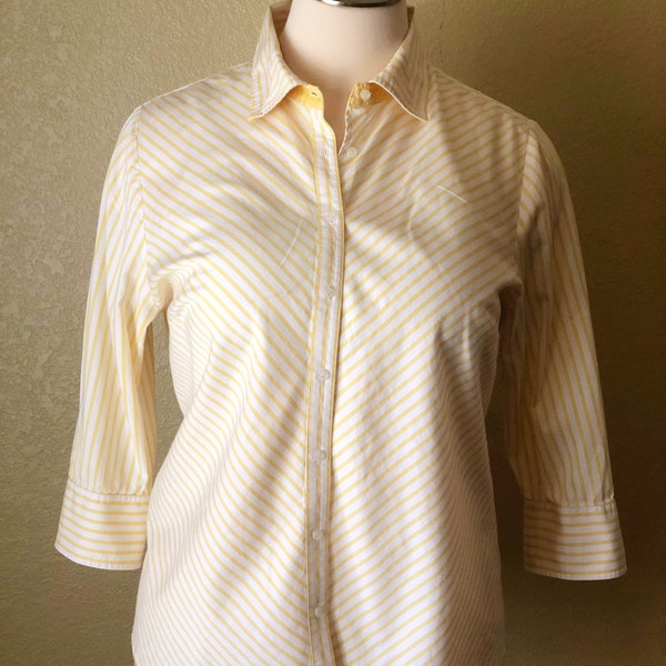 Vintage Jones New York 3/4" Sleeved Classic 1 button Collar White and Yellow Stripe Cotton Blouse Size 3X