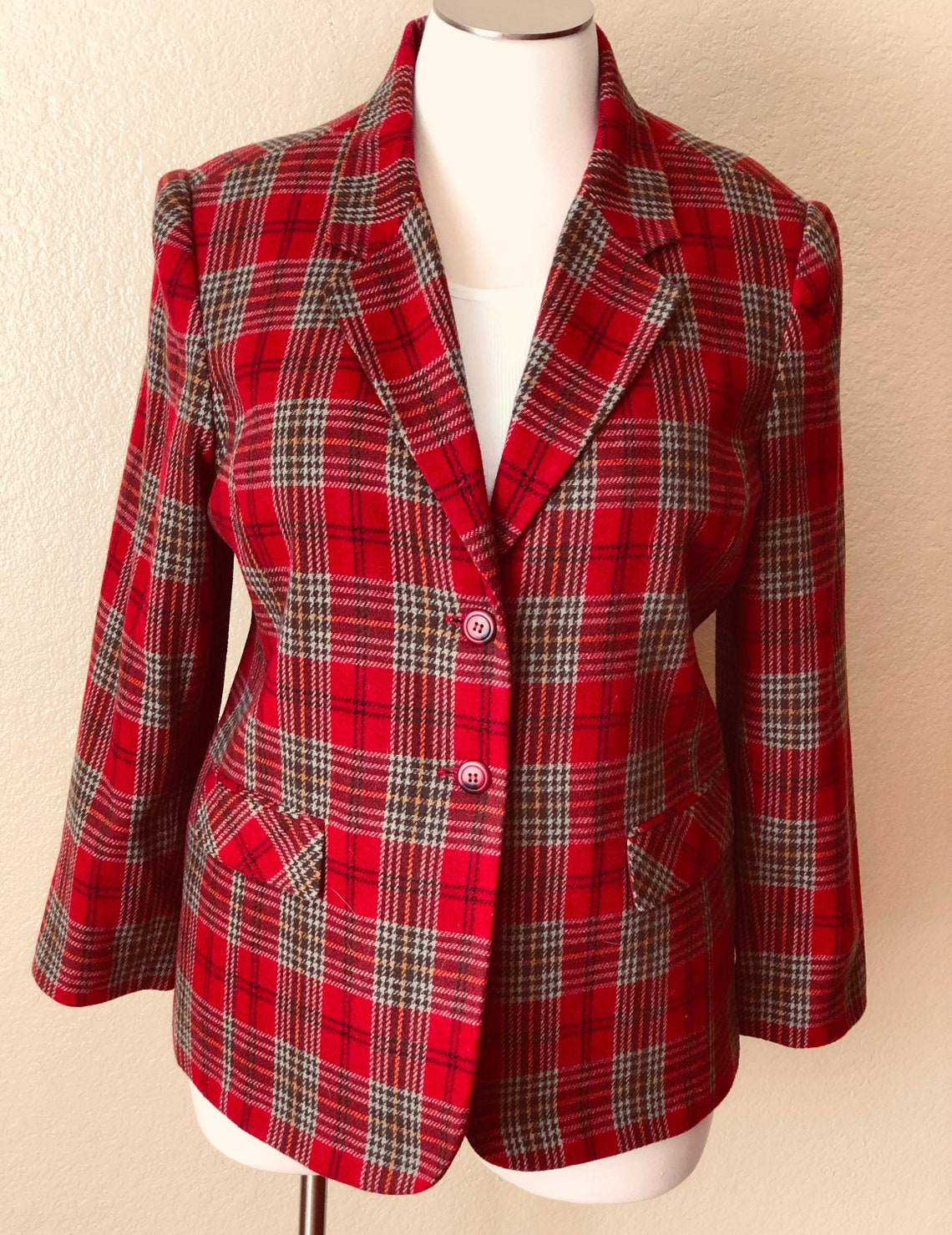 Vintage Sag Harbor Wool Red and Beige Plaid Jacket Size 22W - Etsy