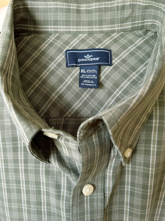 Vintage hombres Dockers manga larga verde oliva camisa de vestir a cuadros  tamaño XLG 17x17 1/2