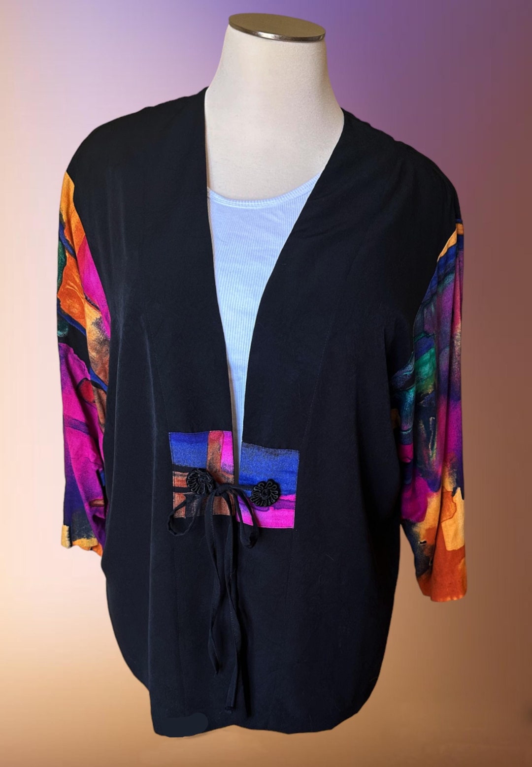 Vintage Sharon Anthony Kimono Style Black Jacket With Multi Color ...