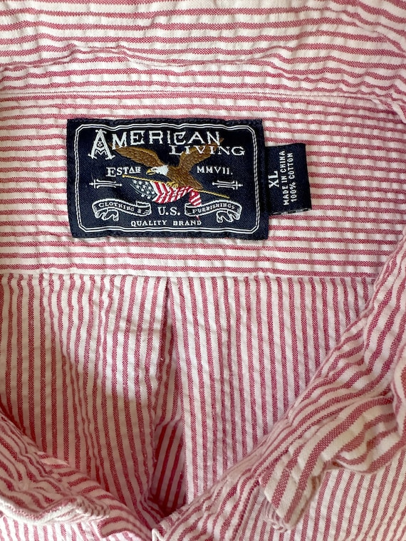 Vintage Men s American Living Short Sleeve White With Pink Strips Seersucker Shirt Size XL