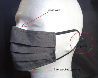 May include: A gray face mask with a filter pocket opening, a nose wire, and adjustable ear loops. The mask is shown on a white mannequin head.