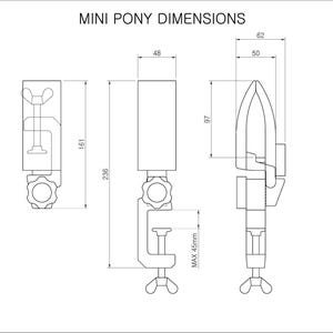 May include: A black metal mini pony clamp with a maximum opening of 45mm. The clamp is 236mm tall and 161mm wide. The pony is 97mm tall and 62mm wide. The pony weighs 170g and the clamp weighs 90g.