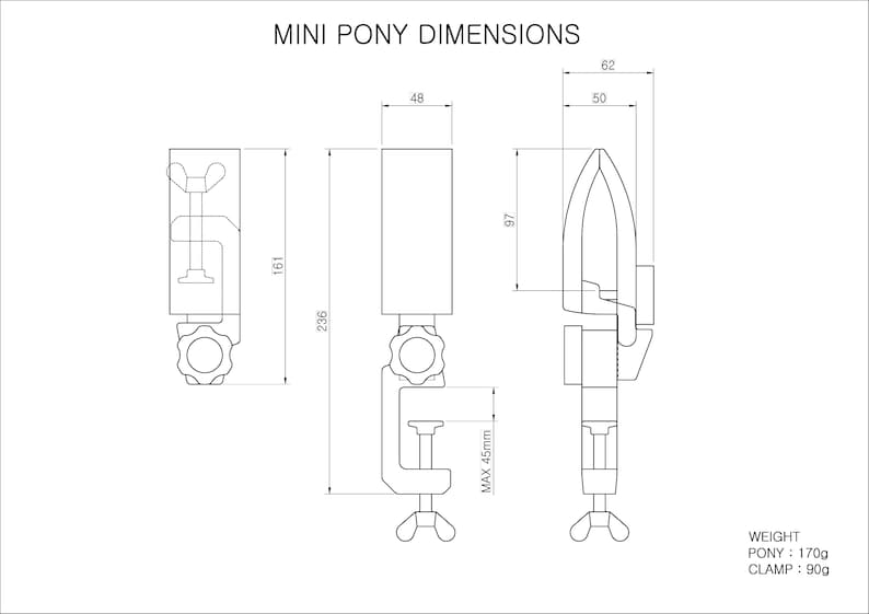 May include: A black metal mini pony clamp with a maximum opening of 45mm. The clamp is 236mm tall and 161mm wide. The pony is 97mm tall and 62mm wide. The pony weighs 170g and the clamp weighs 90g.