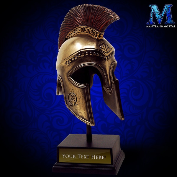 Mini Spartan Helmet/Greek Helmet on Custom-Engraved Stand, with Optional Logo Engraving on Cheekplate