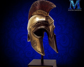 Mini Spartan Helmet/Greek Helmet on Custom-Engraved Stand, with Optional Logo Engraving on Cheekplate