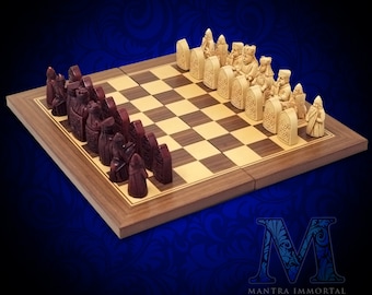 Personalized Chess Set with Historical Isle of Lewis Reproduction Game Pieces and Foldable Wooden Chess Board