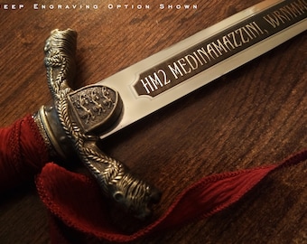 Personalized Medieval Dagger with Deep-Red, Hand-Dyed, Silk-Wrapped Grip, Free Text Engraving and Customization Options