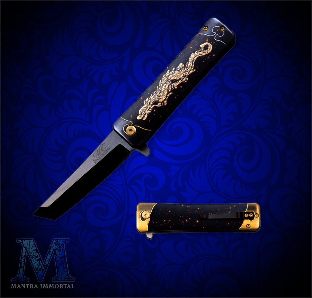 Customengraved Dragon Knife Tantostyle, Springassist Folding Knife