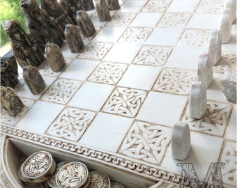 Isle of Lewis Chess Set Made from Stone Mix, with Checker Pieces and Optional Personalization