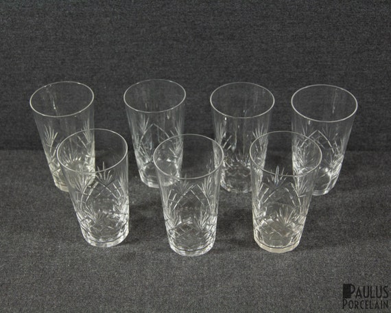 A Set of Seven Hand Cut Crystal Small Water Glasses 