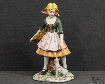 A Rare Hand Painted Capodimonte Figurine of a Girl with a Cat