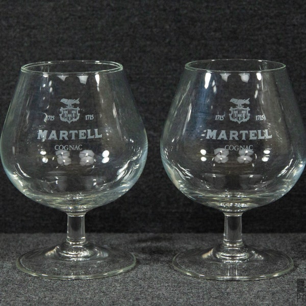 2 Etched Martell Cognac Glasses, Vintage Stemware