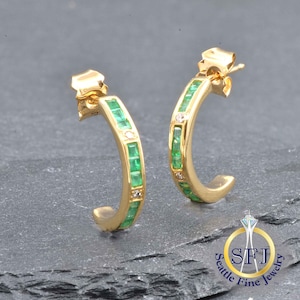 Emerald and Diamond Restored Vintage Earrings, Solid 18k Yellow Gold
