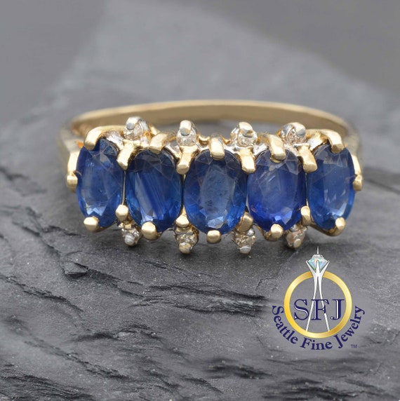 Natural Sapphire 5-Stone Ring 14K With Diamonds