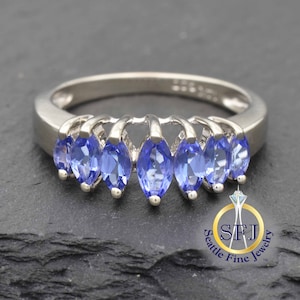 Marquise Tanzanite 7-Stone White Gold Restored Vintage Ring, Solid White Gold