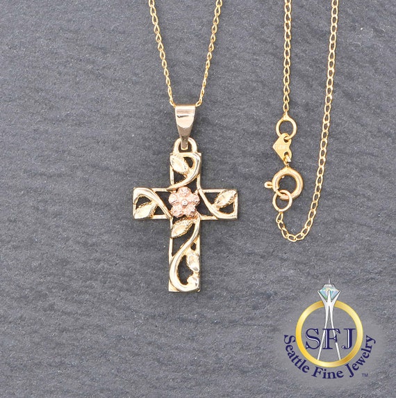 Floral Cross Necklace, Solid 14k Yellow Gold and … - image 1