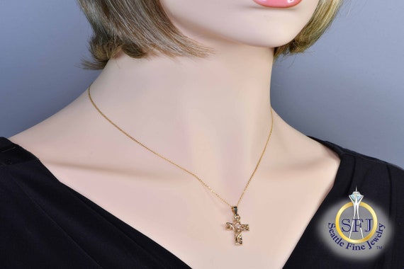 Floral Cross Necklace, Solid 14k Yellow Gold and … - image 2