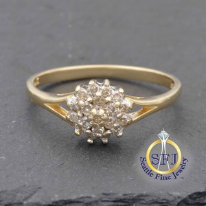 Anello vintage a grappolo di diamanti 14K. Vintage restaurato professionalmente