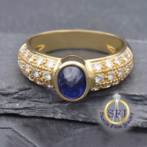 天然サファイアとダイヤモンドのソリッド 18K イエロー ゴールド 復元ヴィンテージ リング