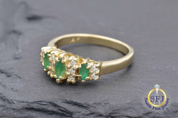 Natural Emerald Marquise 3 Stone Ring with Diamon… - image 2