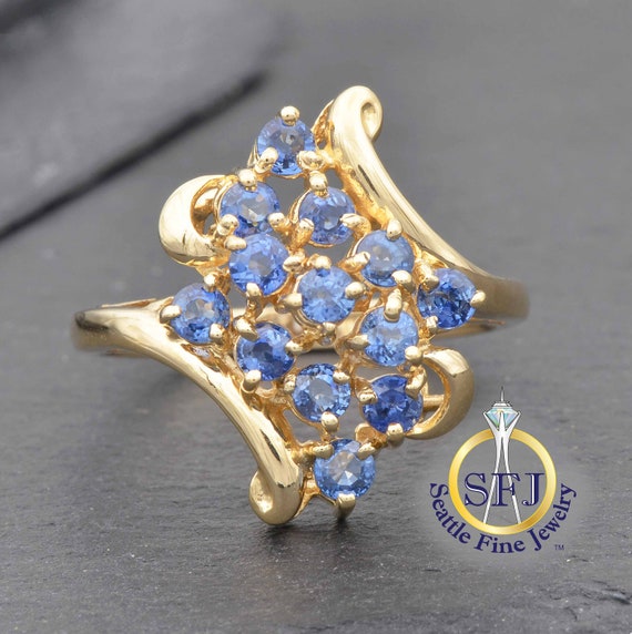Natural Sapphire Filigree Scroll Cluster Ring, So… - image 1