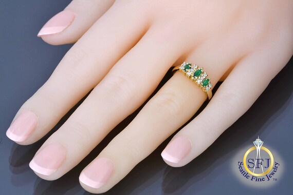 Natural Emerald Marquise 3 Stone Ring with Diamon… - image 5