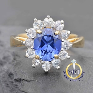 Sapphire Halo Vintage Ring, Solid 14K Gold