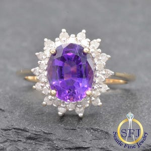 Amethyst and Diamond Restored Vintage Halo Ring, Solid 14K Yellow Gold