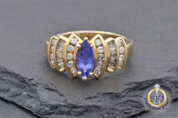 Large Marquise Tanzanite and Diamond Ring, 14K Ye… - image 9