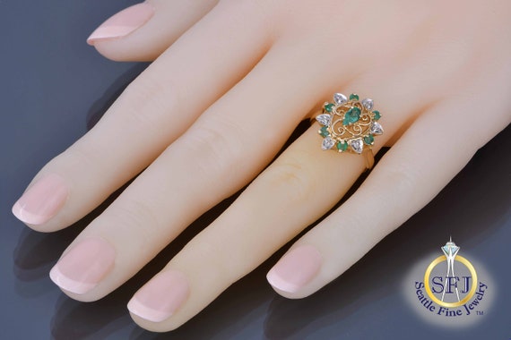Pear Natural Emerald Halo Ring, Solid Yellow Gold… - image 5