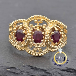 Natural Ruby Restored Vintage Ring Solid 14K Yellow Gold, Ornate Filigree Custom Ring, 3-Stone Ruby Ring