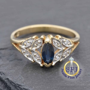 Marquise Natural Sapphire & Diamond Ring Solid 14K Yellow Gold, Botanical Leaf Restored Vintage Ring