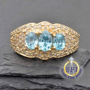 Natural Blue Zircon & Diamond Cocktail Restored Vintage Ring Solid 14K Yellow Gold