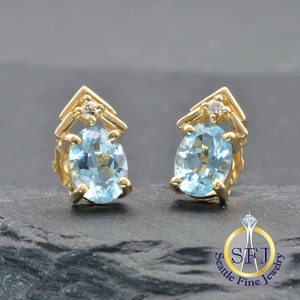 Restored Vintage Blue Topaz and Diamond Stud Vintage Earrings, Solid 14K Yellow Gold