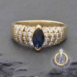 Marquise Natural Sapphire and Diamond Band Vintage Ring, 14K Yellow Gold