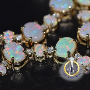 High-End Opal and Diamond Necklace. 13.9ctw Colorful Opals & 2.05ctw Clean Diamonds. Solid 14k Yellow Gold
