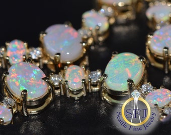 High-End Opal and Diamond Necklace. 13.9ctw Colorful Opals & 2.05ctw Clean Diamonds. Solid 14k Yellow Gold