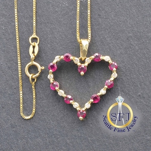 Heart Ruby and Diamond Restored Vintage Necklace on Box Chain, Solid 14K Yellow Gold