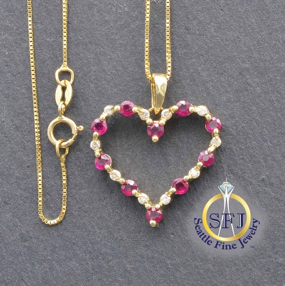 Heart Ruby and Diamond Necklace on Box Chain, Sol… - image 1