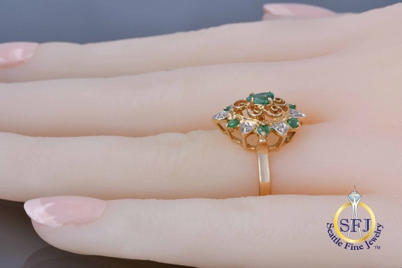 Pear Natural Emerald Halo Ring, Solid Yellow Gold… - image 6