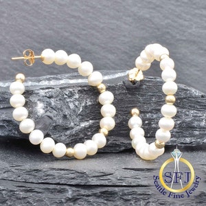 Pearl Hoop Restored Vintage Earrings, Solid 14k Yellow Gold