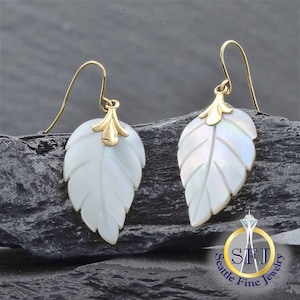 Mother of Pearl Carved Leaf Restored Vintage Earrings, Solid 14k Yellow Gold