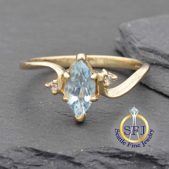 Large Marquise  Aquamarine & Diamond Ring Solid 14