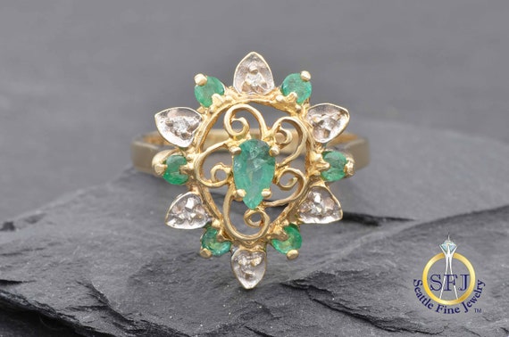 Pear Natural Emerald Halo Ring, Solid Yellow Gold… - image 9