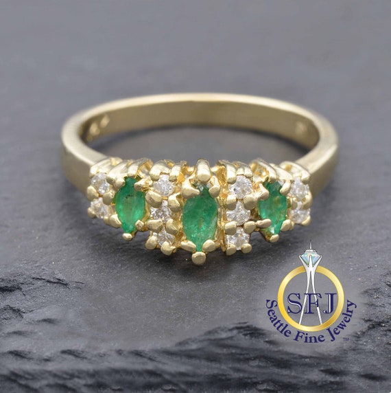 Natural Emerald Marquise 3 Stone Ring with Diamon… - image 1