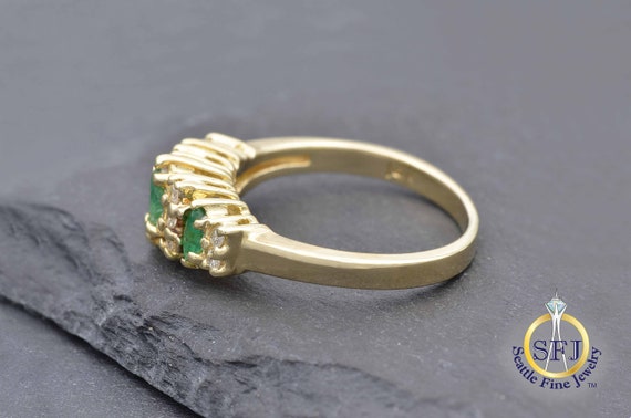 Natural Emerald Marquise 3 Stone Ring with Diamon… - image 3